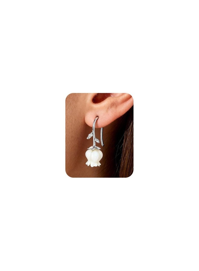 WZNBBOY 925 Sterling Silver Lily of the Valley Earrings White Lily Flower Rhinestone Fairy Earrings Cute Dangling Flower Earrings for Women Gift - Image 1